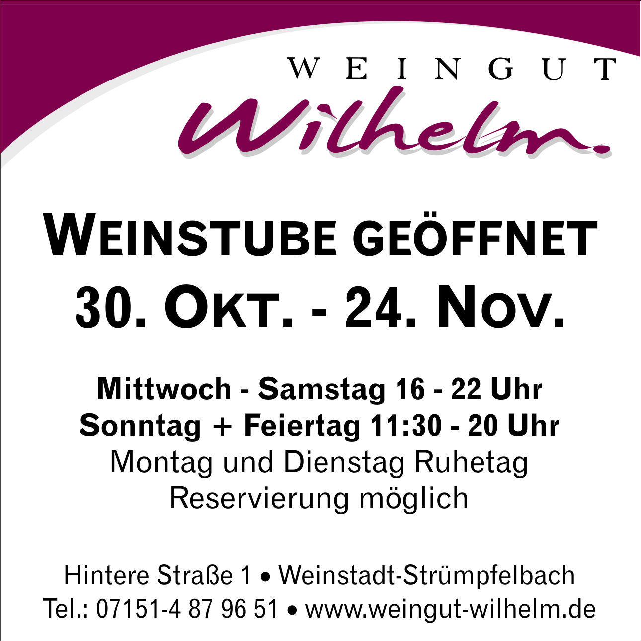 ffnung Weinstube 30. Oktober - 24. November 2024